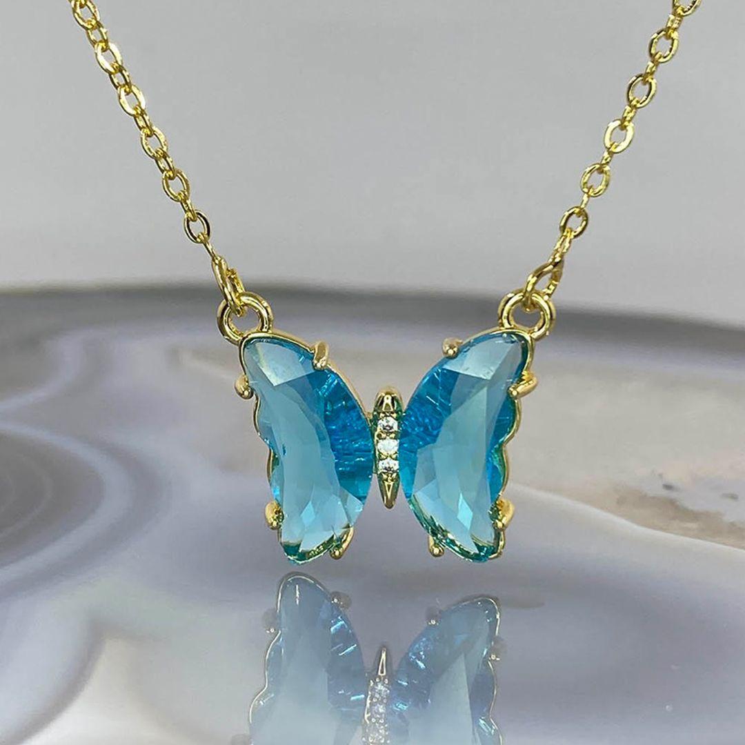 Blue Crystal Butterfly Pendant Necklace for Women and Girls