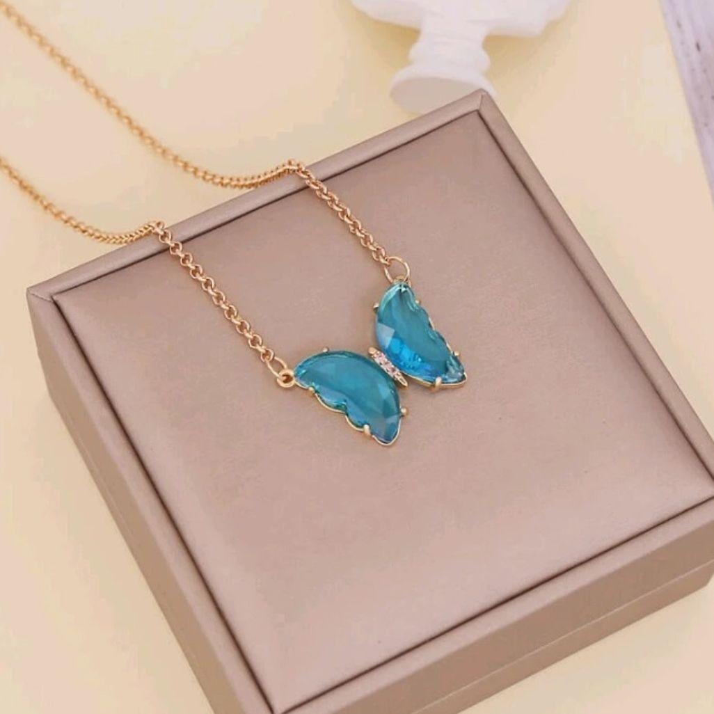 Blue Crystal Butterfly Pendant Necklace for Women and Girls