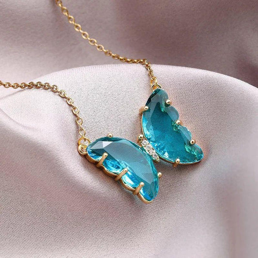 Blue Crystal Butterfly Pendant Necklace for Women and Girls