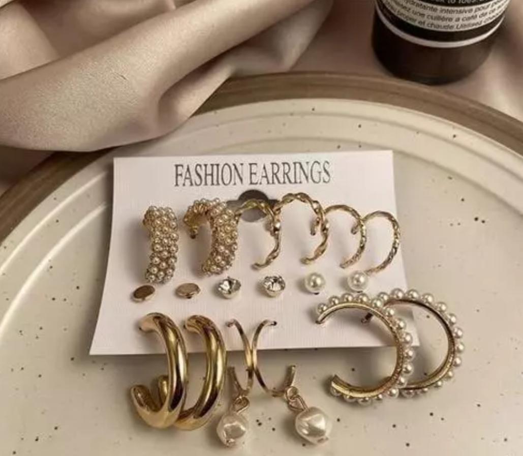 Set of 09 Stunning Gold Plated Pearl Studs and Hoop Earrings