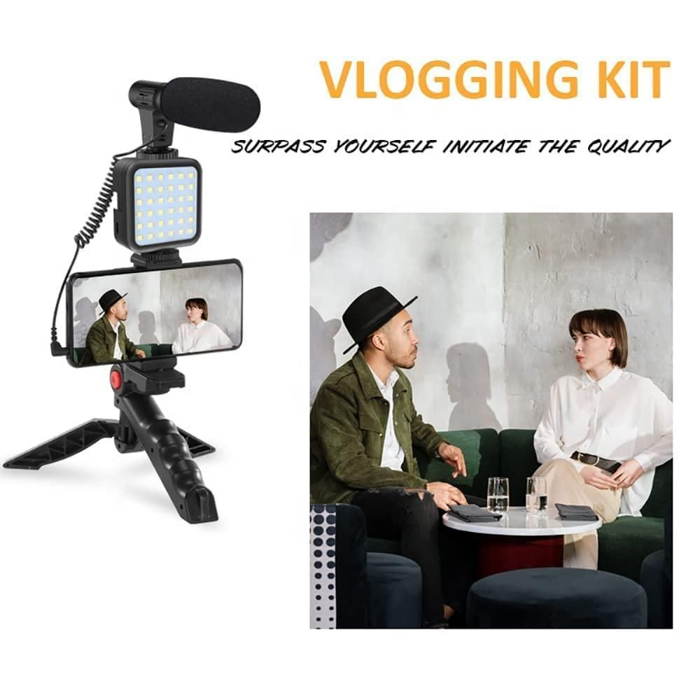 Vlogging Tripod with Microphone, LED Light & Handheld Arrangment for Phone & Camera