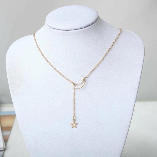Moon Dropping Star Pendant Necklace in Gold Plated Alloy Chain