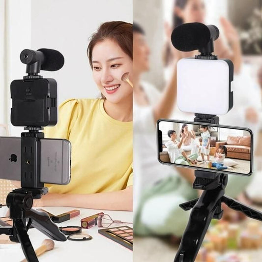 Vlogging Tripod with Microphone, LED Light & Handheld Arrangment for Phone & Camera