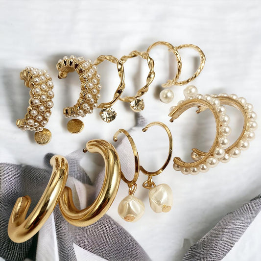 Set of 09 Stunning Gold Plated Pearl Studs and Hoop Earrings