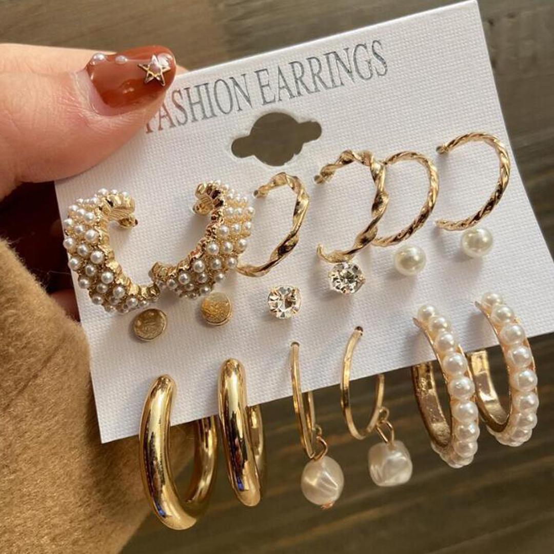 Set of 09 Stunning Gold Plated Pearl Studs and Hoop Earrings