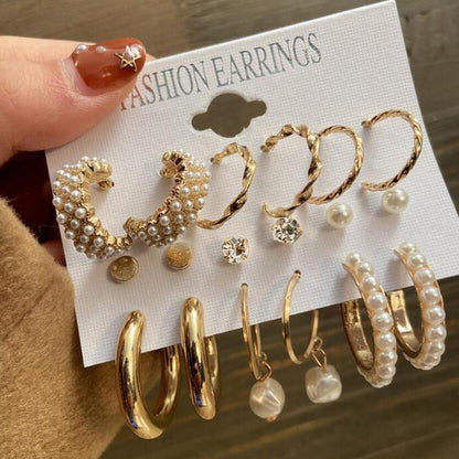 Set of 09 Stunning Gold Plated Pearl Studs and Hoop Earrings
