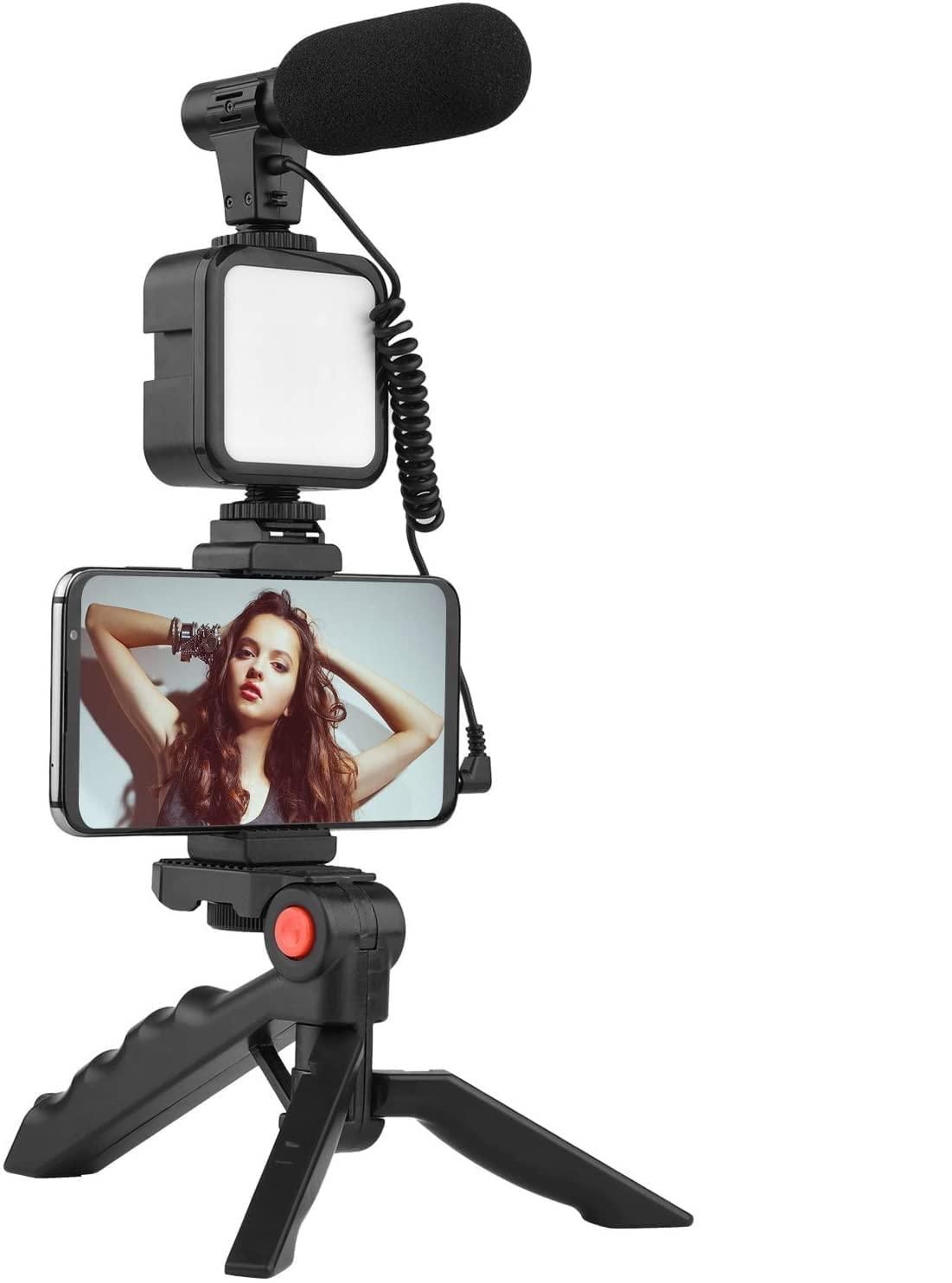 Vlogging Tripod with Microphone, LED Light & Handheld Arrangment for Phone & Camera