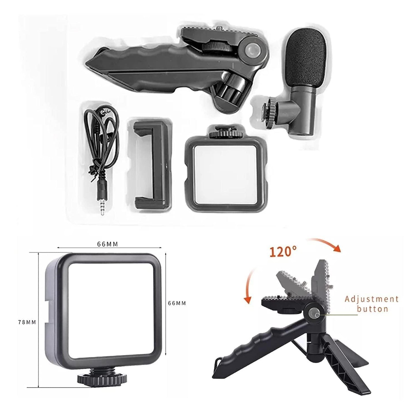 Vlogging Tripod with Microphone, LED Light & Handheld Arrangment for Phone & Camera