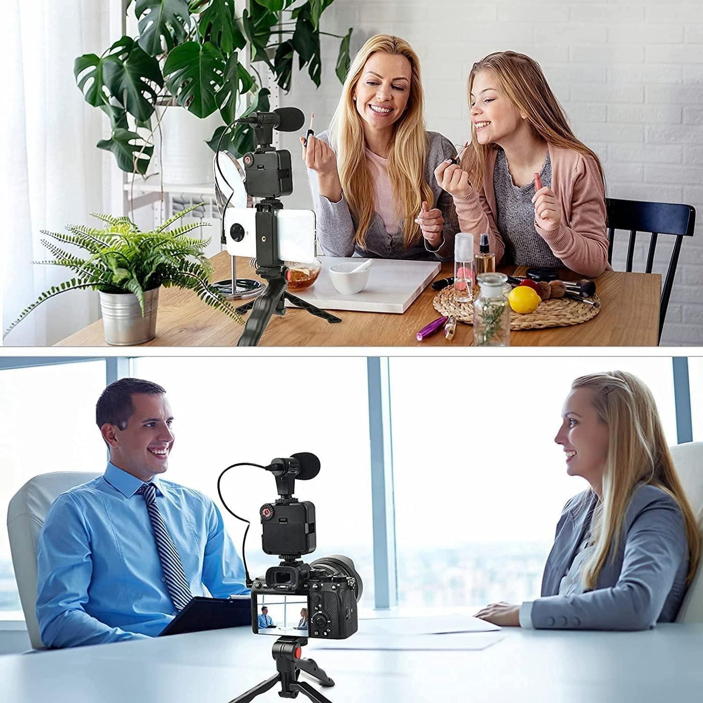 Vlogging Tripod with Microphone, LED Light & Handheld Arrangment for Phone & Camera
